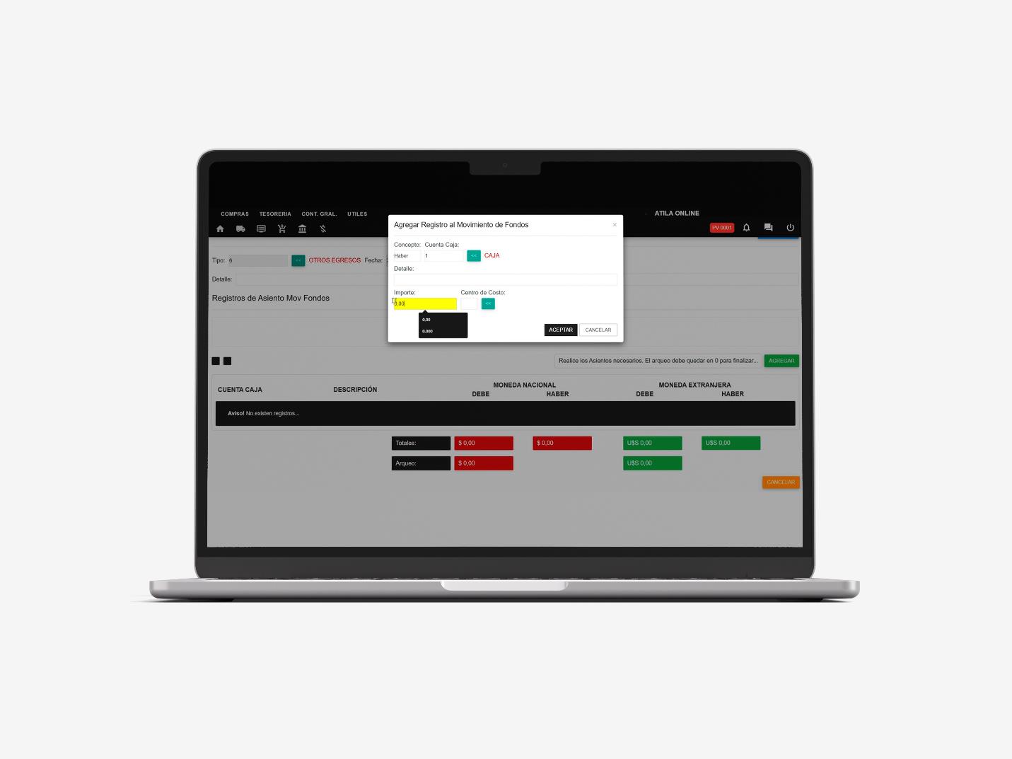 Registro de movimiento de fondos en Atila Online