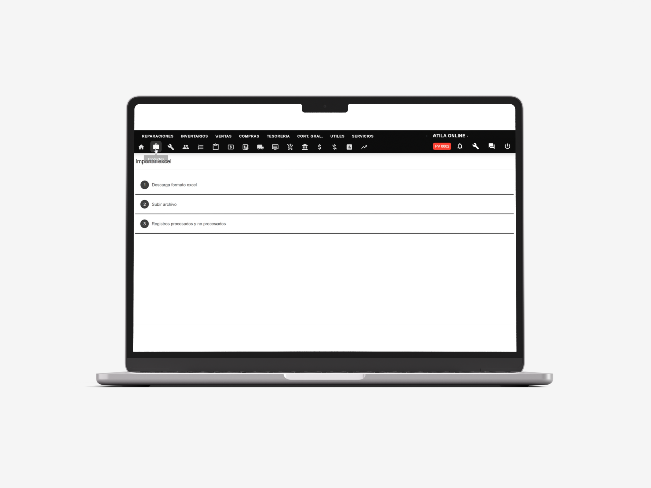 Pantalla Importar Excel en Atila Online con los pasos Descarga formato excel, Subir archivo y Registros procesados y no procesados