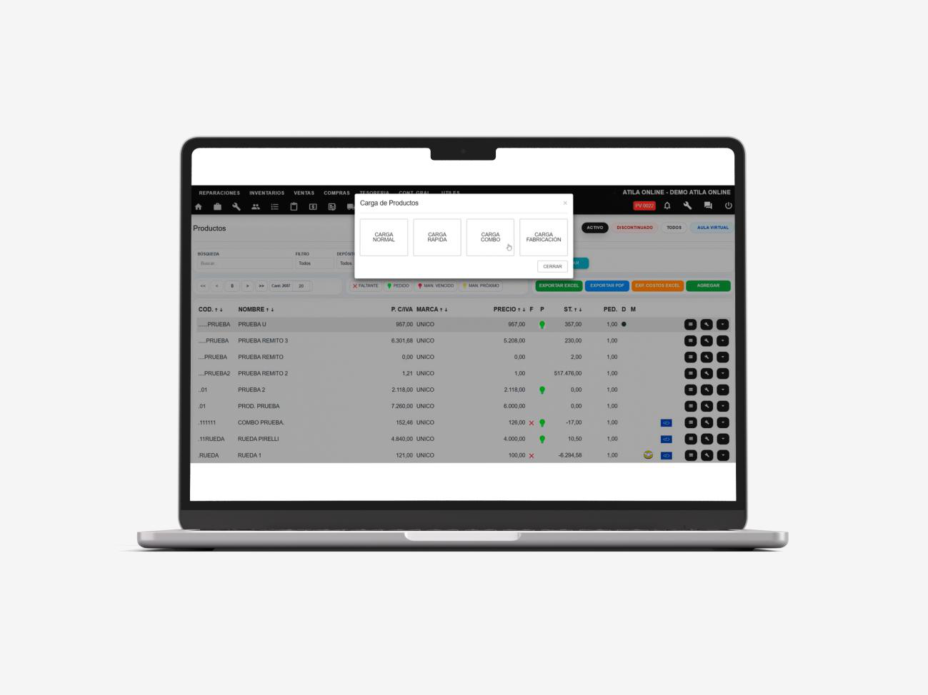 Ventana Carga de Productos en Atila Online con la opción Carga Combo resaltada