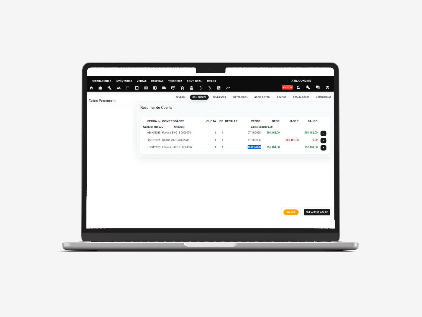 Resumen de Cuenta en Atila Online con fecha, comprobante, vence, debe, haber y saldo